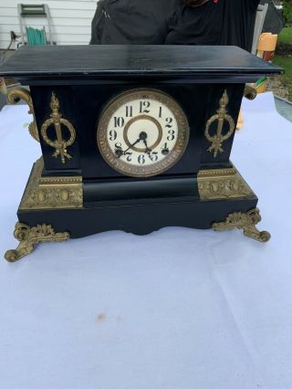 Very Rare Antique Ansonia Mantel Clock Heavy Cast Iron Embellishments Y4