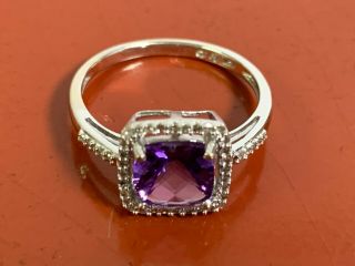 Vintage 14k White Gold Purple Amethyst & Diamond Accent Halo Ring Size 7