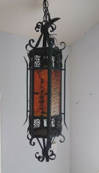 Large Vintage Wrought Iron Spanish Revival Gothic Hanging Lamp With Glass Panels