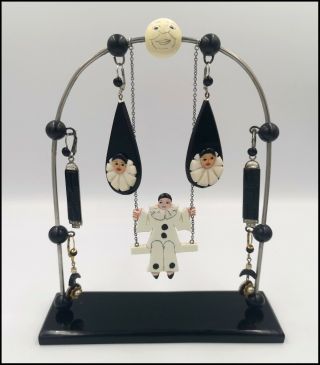 Vintage Butler & Wilson Galalith Pierrot On Swing Moon Earring Holder / Display