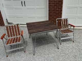 Vintage Aluminum Red Wood Folding Lawn Chairs And Table Patio Set Wooden Slats
