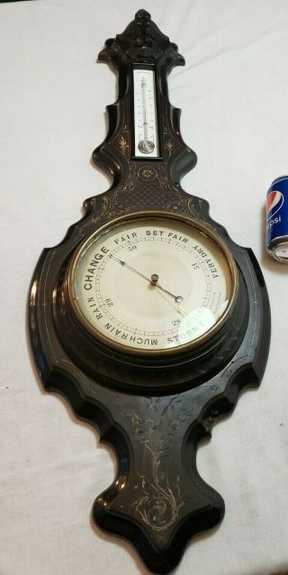 Vintage Large Carved Wood Aneroid Barometer Thermometer Germany Banjo Weather