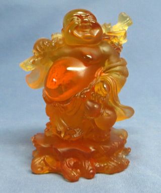 Daum France Pate De Verre Amber Crystal Standing Buddha With Peach 