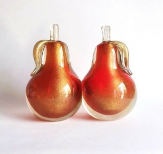 Vintage Archimede Seguso Red & Gold Sommerso Murano Glass Pear Bookends,  1950s
