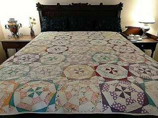 Antique Hand Stitched Patchwork Quilt Pastel And Bold Colors White Trim 66 " X76 "