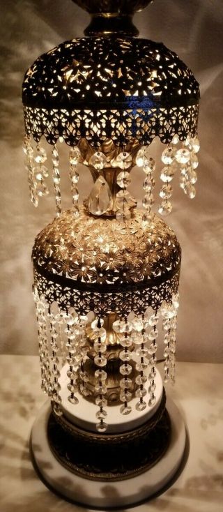 Vintage Hollywood Regency Waterfall Crystal Prisms Gold And Marble Table Lamp