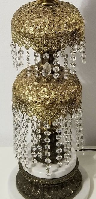 Vintage Hollywood Regency Waterfall Crystal Prisms Gold And Marble Table Lamp 3