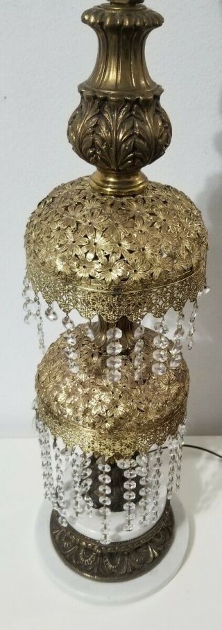 Vintage Hollywood Regency Waterfall Crystal Prisms Gold And Marble Table Lamp 6