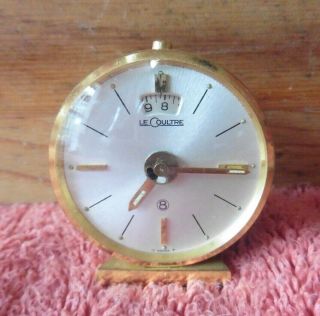 Vintage Swiss Lecoultre Alarm Clock 8 Day Gilt Gold Brass Small Travel Clock