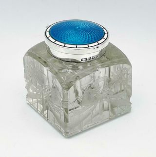 Rare Silver Guilloche Enamel Inkwell Birmingham 1908 Cut Glass