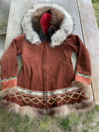 Vintage Alaska Native M/l Corduroy Real Fur Parka Hood Coat Kuspuk Inuit