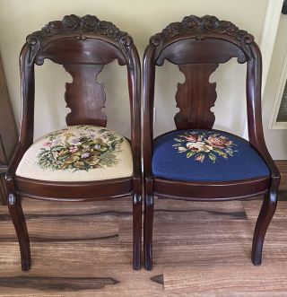 Antique Victorian Carved Mahogany Needlepoint Seat Parlor Accent Side Chair