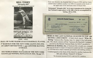 Hall Fame 1933 World Series Giants Baseball Player Terry Document Signed Check