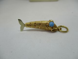 Vintage 18k Yellow Gold Fish W Turquoise Eyes Charm 2.  9g Unique