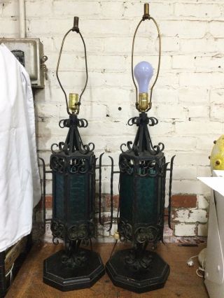 Vintage Spanish Style Table Lamp Wrought Iron,  Wood Base & Stained Glass Windows