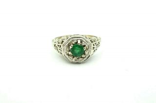 Vintage Antique Art Deco 10k White Gold Filigree Emerald Ring Size 3.  75