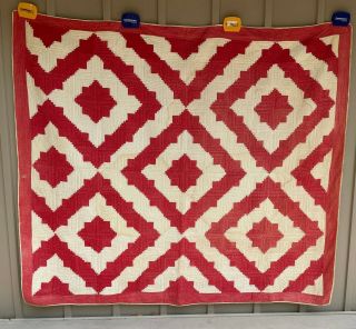 Antique Hand Stitched Red/white Quilt,  Approx.  78 " X 66 " 100,  Yrs.  Old