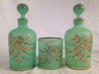 Antique Pair French Green Opaline Hand Painted Perfume Bottles 2 Glass,  Tumbler