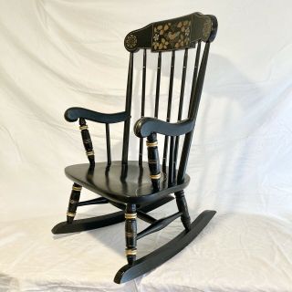 Vintage Ethan Allen Child ' s Black Rocker Rocking Chair Children Decorated 1985 2