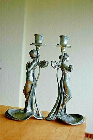 Antique Fairies Art Nouveau Candle Holders Pair Pewter Achille Gamba 10.  25 " 26cm