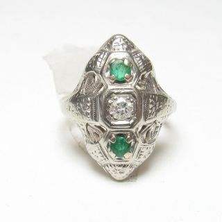 1930s Vintage 18k White Gold 0.  10 Ct European Cut Diamond And Green Emerald Ring