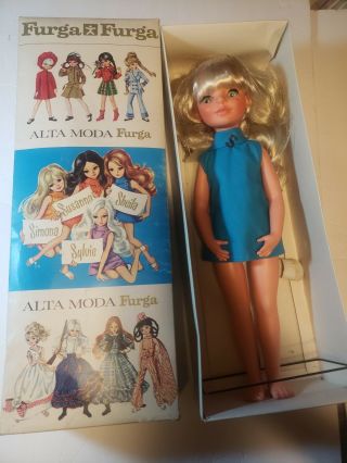 Vintage Furga Alta Moda Blonde Doll W/ Stand Has Slippers Blue Outfit