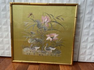 Vtg Antique Chinese Silk Embroidered Textile W/ Ducks Lotus Flowers & Butterfly