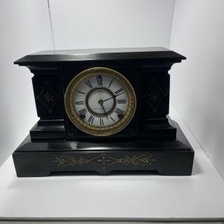 Antique 1882 Ansonia Ny Cast Iron Mantel Clock Large Tin Face Brass