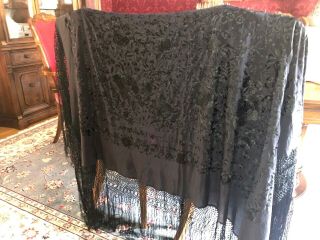 Vintage Embroidered Silk Piano Shawl Cover Fringe Floral Widow 