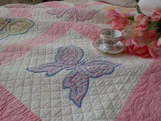 Feedsacks Vintage Pink & White Applique Butterfly Quilt 72x72 Nvrused