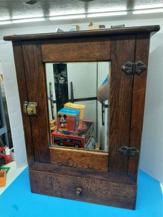 Antique Wood Medicine Cabinet W/ Mirror Shelves & Bottom Drawer Wall Mount