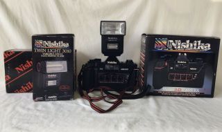 Vtg Nishika N8000 3 - D 35mm Camera Twin Light 3010 Flash And Case With Boxes