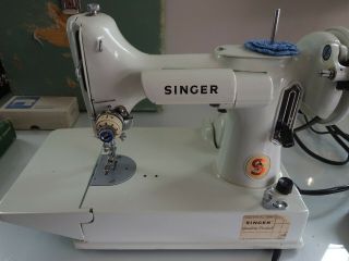 Vintage Singer Featherweight White 221k Sewing Machine Case,  Attachments