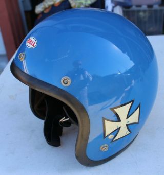 Vintage Bell Toptex Rt R - T Motorcycle Helmet Blue Size 7 & 3/8 Rare Iron Cross