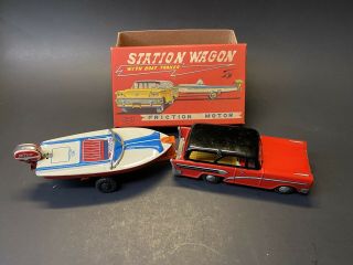 Vintage Rare Nos 1950s Haji Station Wagon With Boat Trailer Tin Toy Car