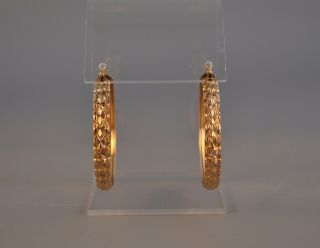 Vtg 10k Solid Gold Hoop Earrings - Textured Diamond Cut Stars 1 3/4 " Long Thick