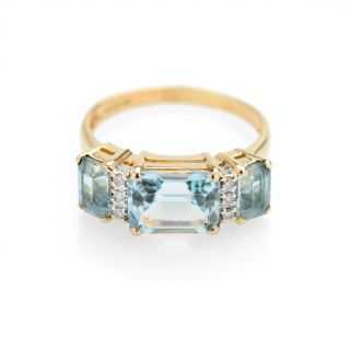 Vintage 9ct Gold Emerald Cut Blue Topaz & Diamond Ring Size O