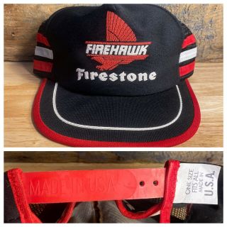Vintage Firestone Tires Firehawk Three 3 Stripe Trucker Hat Usa Made Black Rare