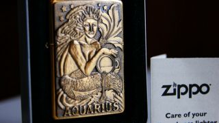 Zippo vintage Barrett Smythe 1998 zodiac AQUARIUS 254BBS B173 high polish brass 2