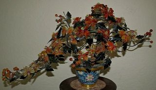 Vintage Chinese Hardstone & Glass Flowering Jade Tree In Cloisonne Enamel Pot