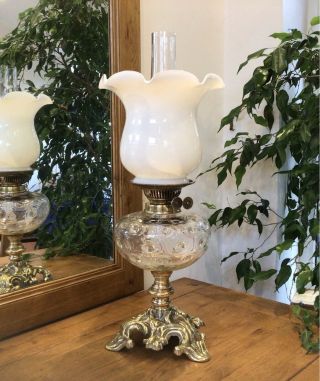 Antique Victorian Oil Lamp Brass Base Opalescent Glass Tulip Shade