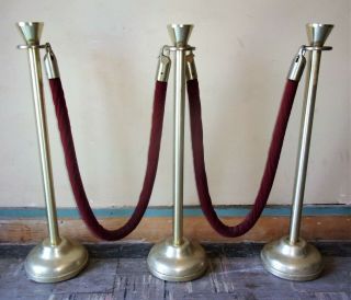 3 Vintage Brass Crowd Control Posts Stanchions W/ Ropes Glaro Inc Hauppauge Ny