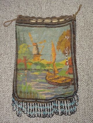Antique Scenic Micro Beaded Draw String Bag Purse