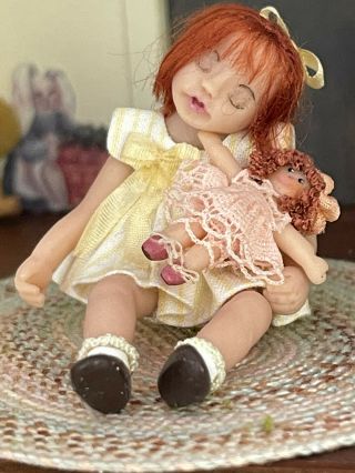 Vintage Miniature Dollhouse Artisan Sculpted Doll Little Red Head Girl Sleepy