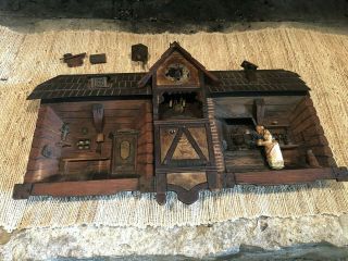 Antique Black Forest German 3 - D Carved Chalet With Clock And Swiss Music Box