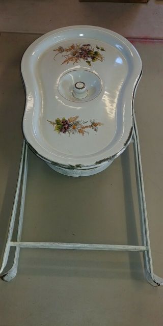 Vintage Porcelain Baby Bath Tub With Cover & Folding Stand,  Floral Design,