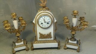 Antique French Marble Mantel Clock Set,  Candeiabras
