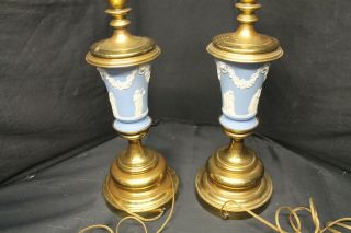 2 Vintage Wedgwood Blue Jasperware And Brass Lamps No Shades Work - A6