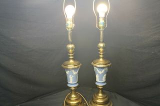 2 vintage Wedgwood Blue Jasperware And Brass Lamps No Shades Work - A6 2
