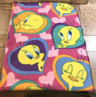 Vintage 2001 Tweety Bird Looney Tunes Hearts 46x58 Throw Cover Fleece Blanket